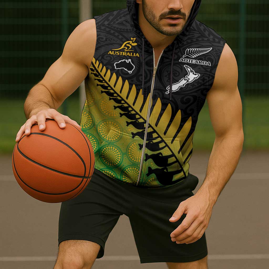 Australia New Zealand Rugby Sleeveless Zip Hoodie Gradient Aboriginal Wallabies and Maori Black Fern - Aussie Hoodie