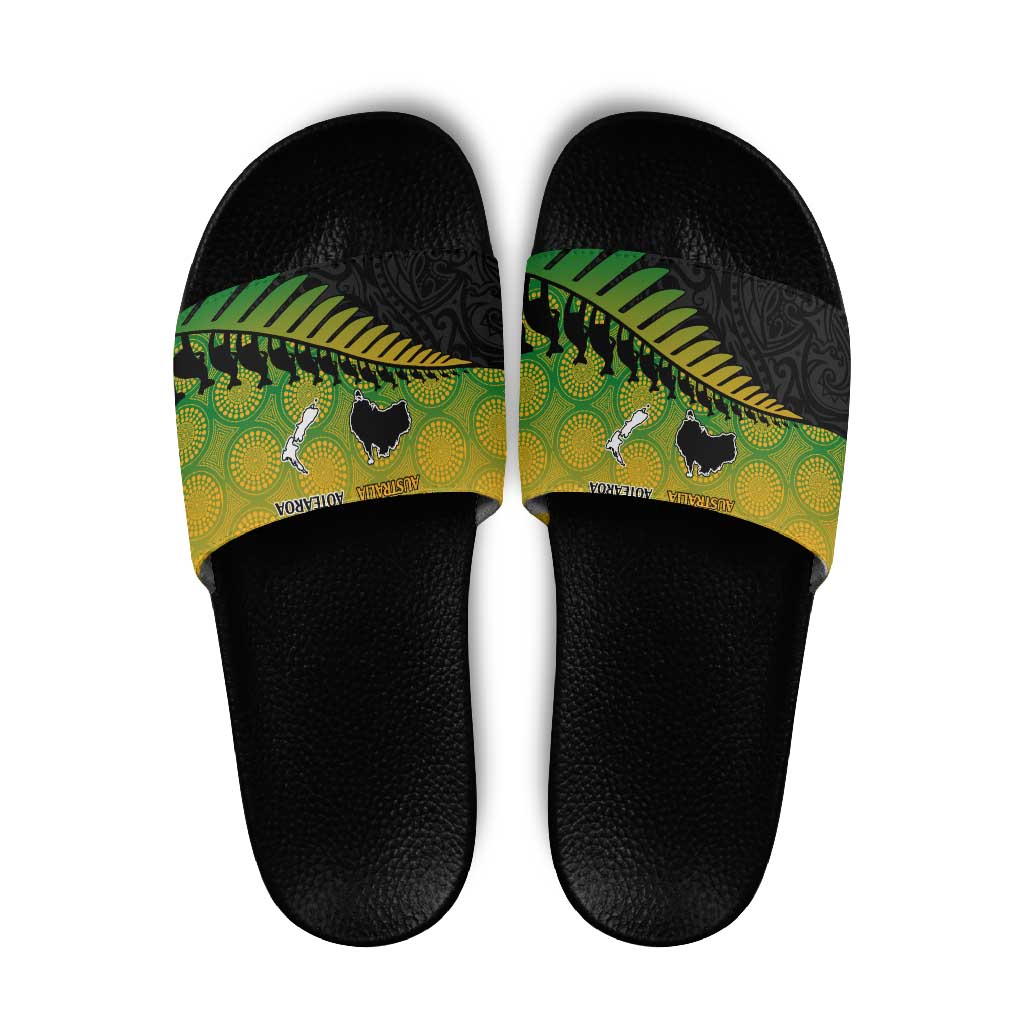 Australia New Zealand Rugby Slide Sandals Gradient Aboriginal Wallabies and Maori Black Fern - Aussie Hoodie