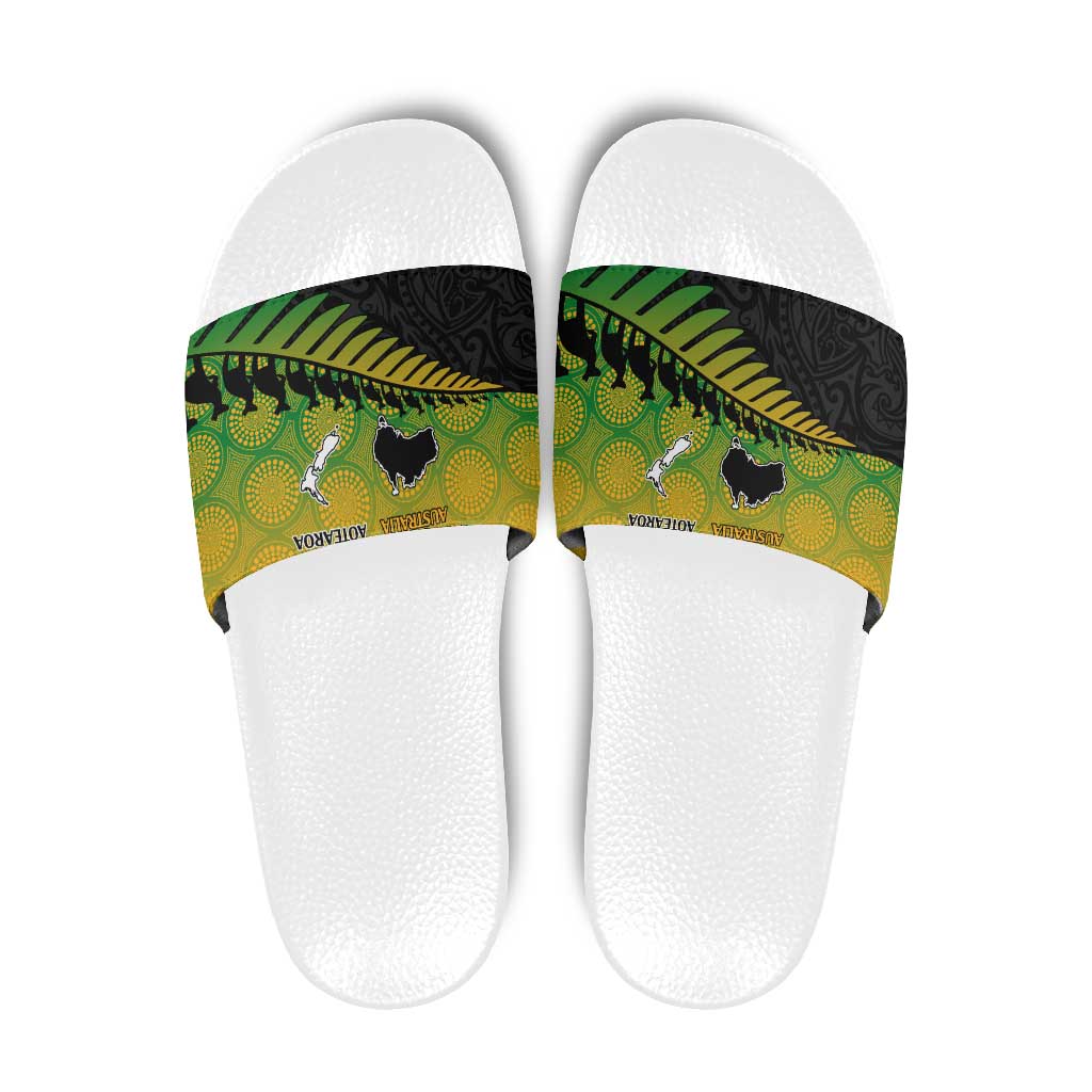 Australia New Zealand Rugby Slide Sandals Gradient Aboriginal Wallabies and Maori Black Fern - Aussie Hoodie