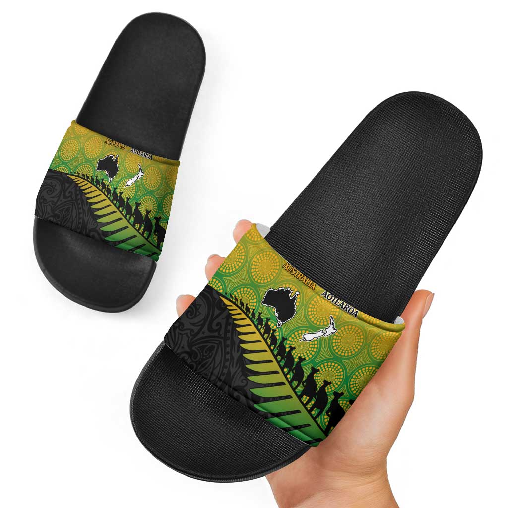 Australia New Zealand Rugby Slide Sandals Gradient Aboriginal Wallabies and Maori Black Fern - Aussie Hoodie