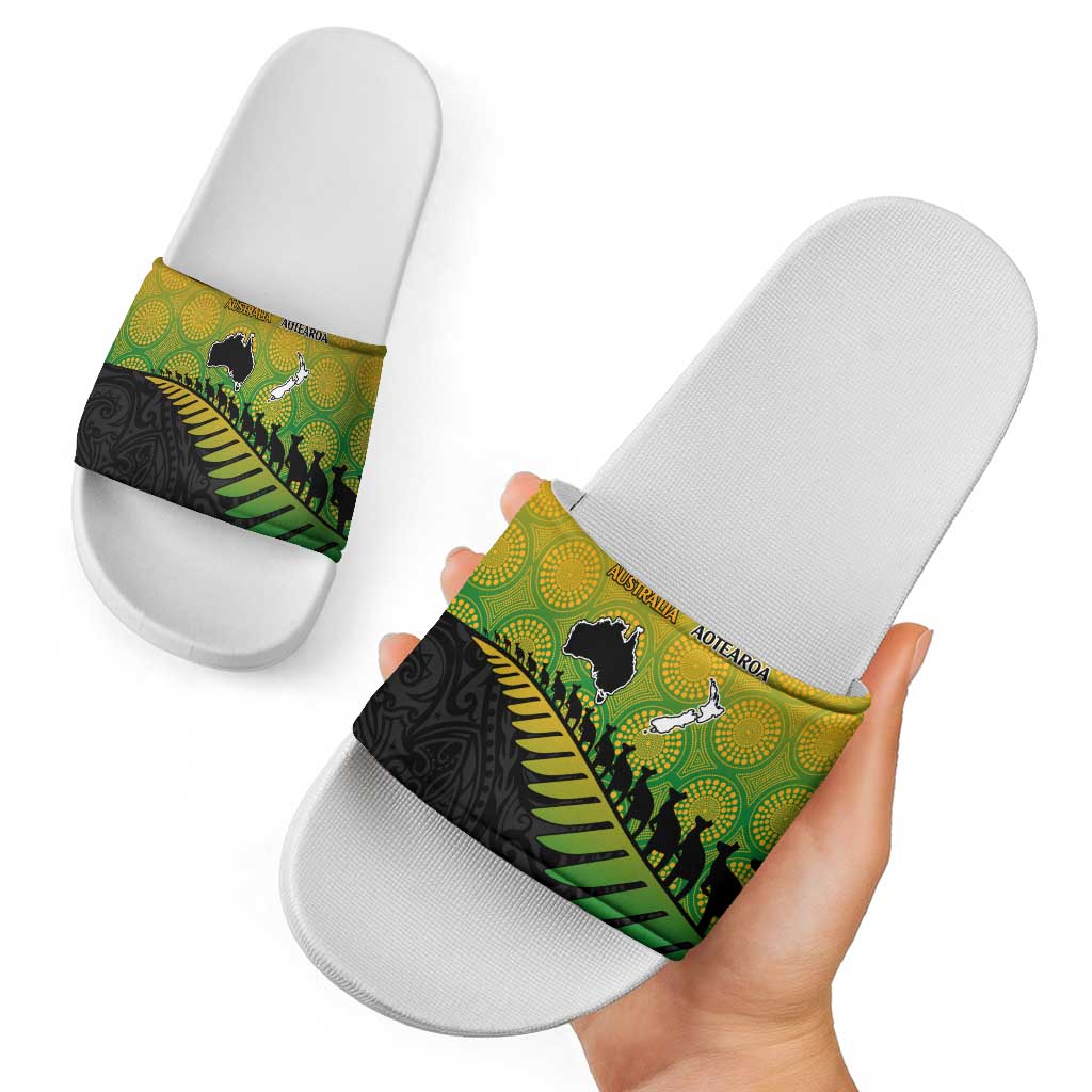 Australia New Zealand Rugby Slide Sandals Gradient Aboriginal Wallabies and Maori Black Fern - Aussie Hoodie