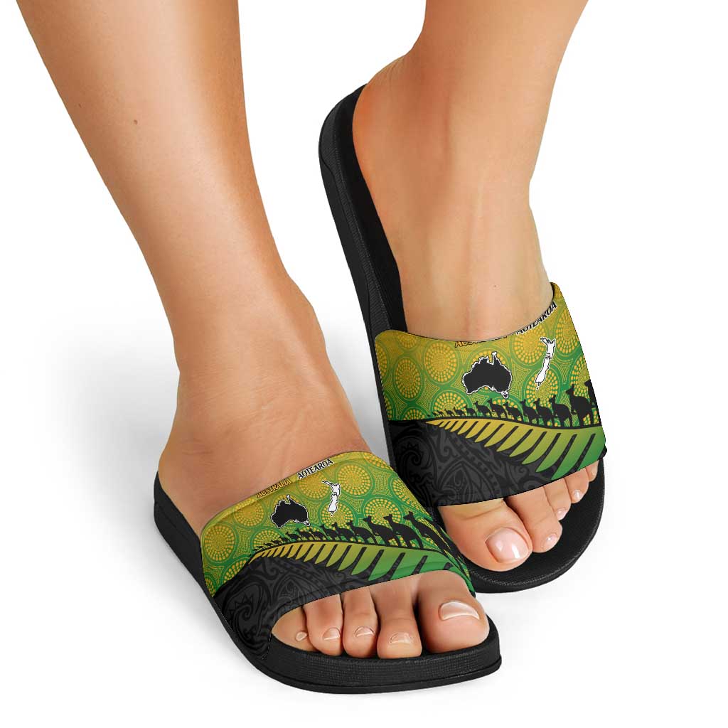 Australia New Zealand Rugby Slide Sandals Gradient Aboriginal Wallabies and Maori Black Fern - Aussie Hoodie