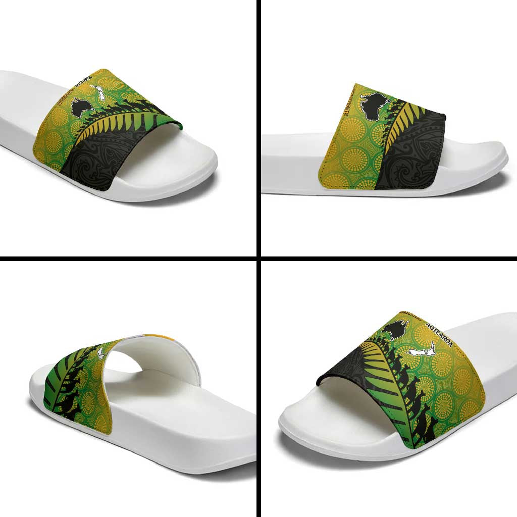 Australia New Zealand Rugby Slide Sandals Gradient Aboriginal Wallabies and Maori Black Fern - Aussie Hoodie