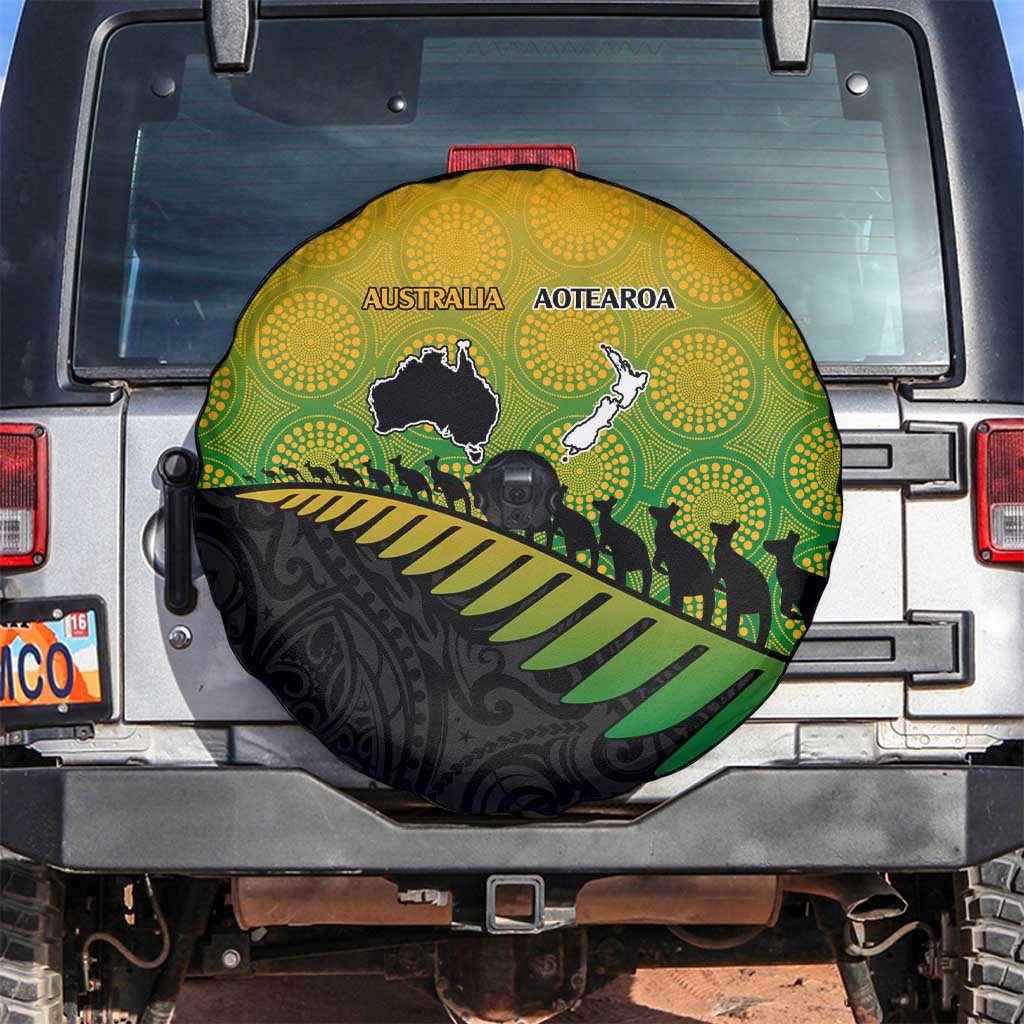 Australia New Zealand Rugby Spare Tire Cover Gradient Aboriginal Wallabies and Maori Black Fern - Aussie Hoodie