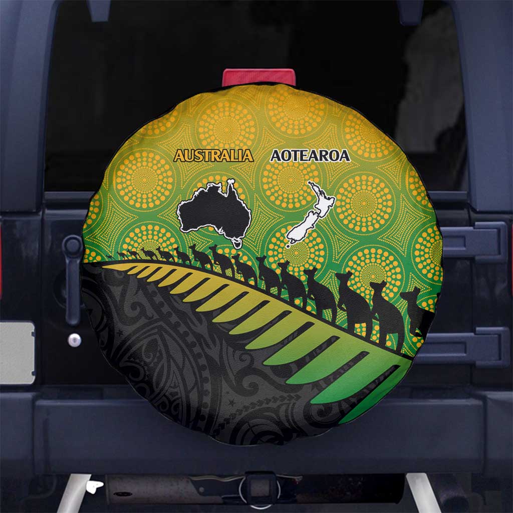 Australia New Zealand Rugby Spare Tire Cover Gradient Aboriginal Wallabies and Maori Black Fern - Aussie Hoodie