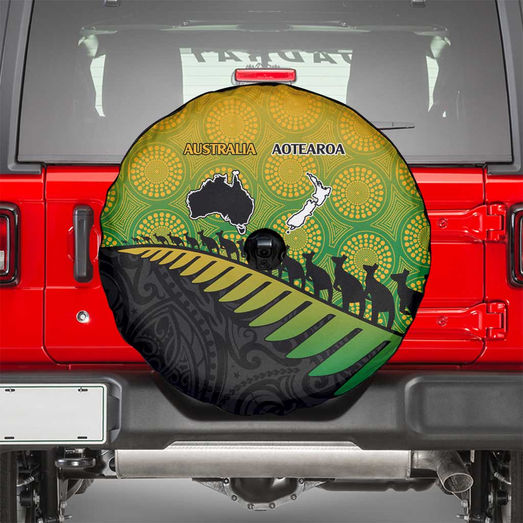 Australia New Zealand Rugby Spare Tire Cover Gradient Aboriginal Wallabies and Maori Black Fern - Aussie Hoodie