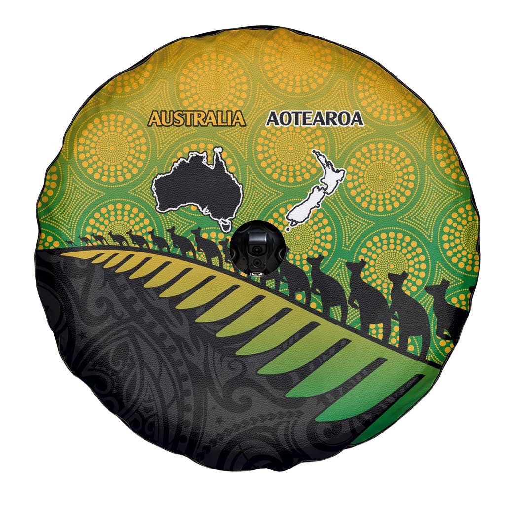 Australia New Zealand Rugby Spare Tire Cover Gradient Aboriginal Wallabies and Maori Black Fern - Aussie Hoodie