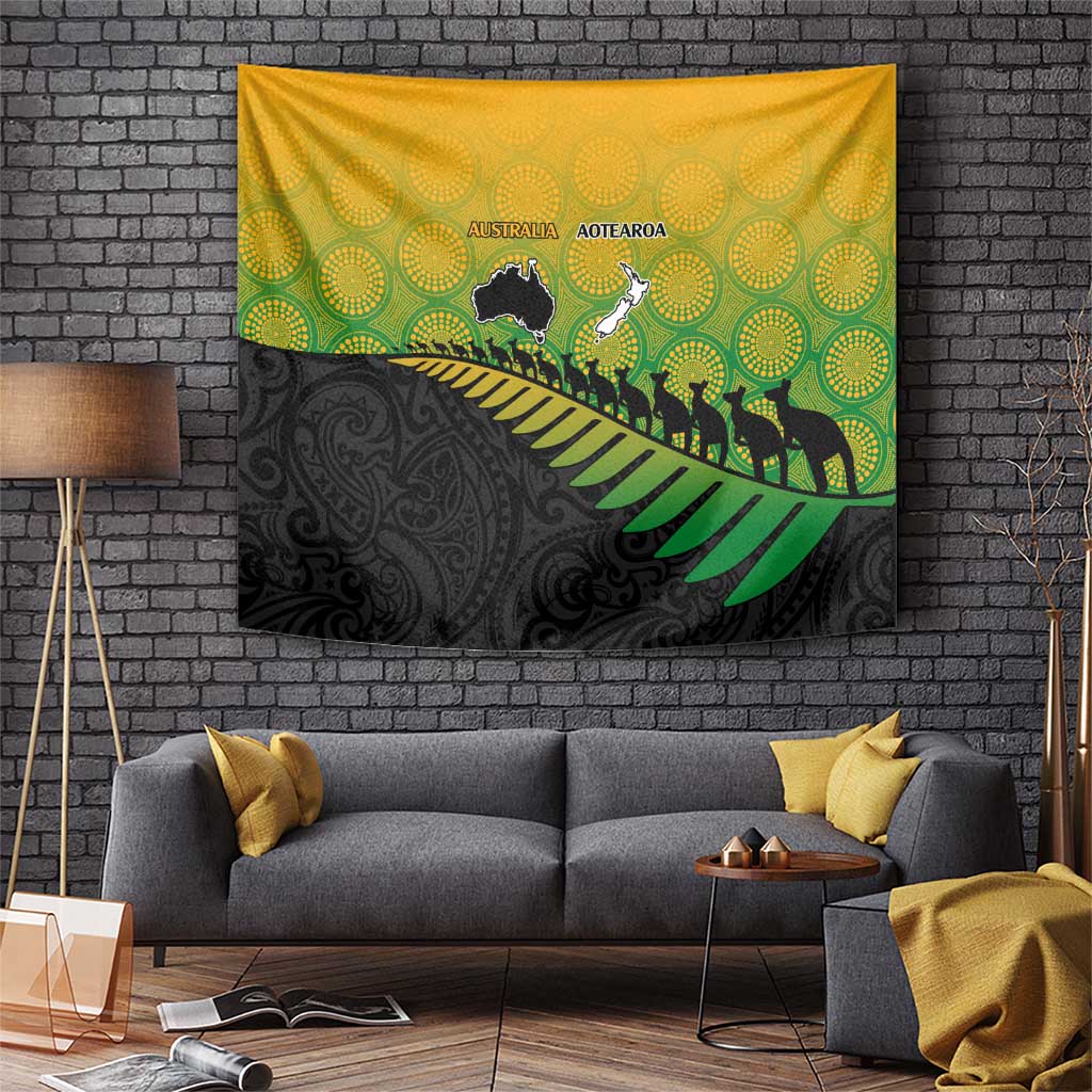 Australia New Zealand Rugby Tapestry Gradient Aboriginal Wallabies and Maori Black Fern - Aussie Hoodie