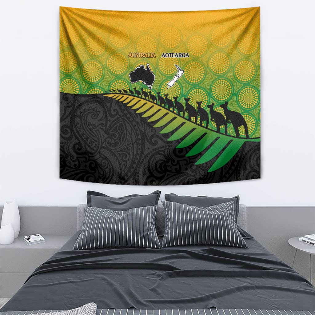 Australia New Zealand Rugby Tapestry Gradient Aboriginal Wallabies and Maori Black Fern - Aussie Hoodie