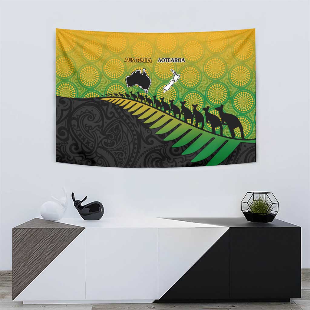 Australia New Zealand Rugby Tapestry Gradient Aboriginal Wallabies and Maori Black Fern - Aussie Hoodie