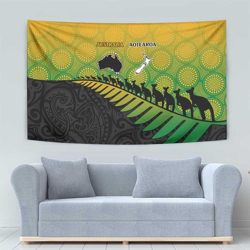 Australia New Zealand Rugby Tapestry Gradient Aboriginal Wallabies and Maori Black Fern - Aussie Hoodie