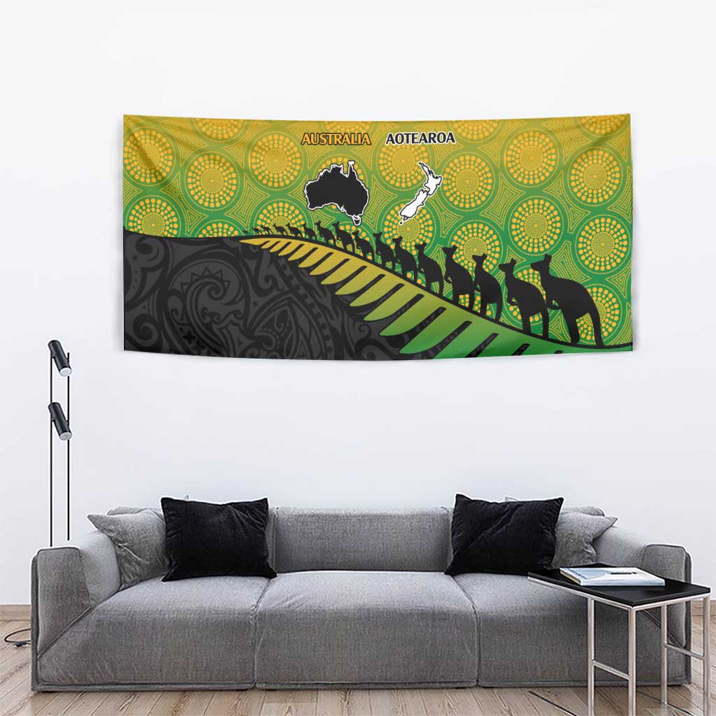 Australia New Zealand Rugby Tapestry Gradient Aboriginal Wallabies and Maori Black Fern - Aussie Hoodie