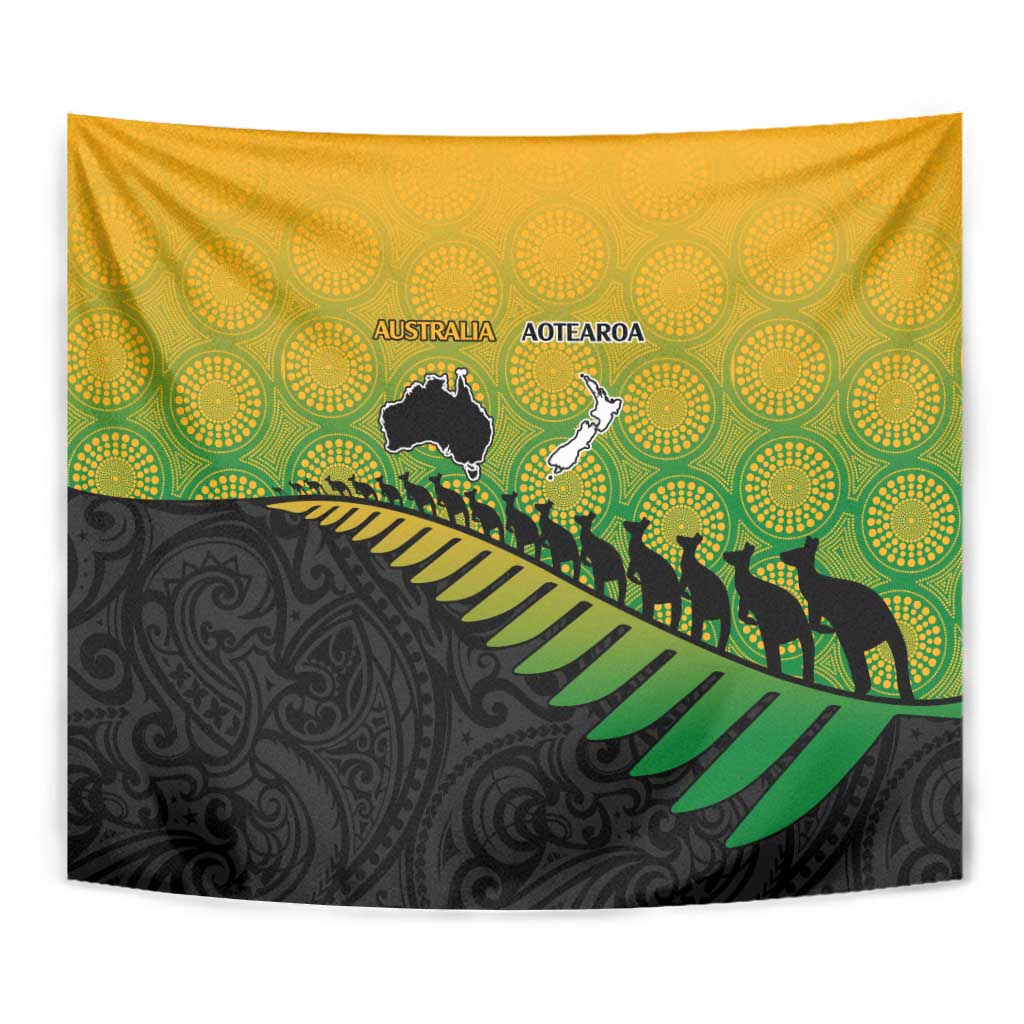Australia New Zealand Rugby Tapestry Gradient Aboriginal Wallabies and Maori Black Fern - Aussie Hoodie
