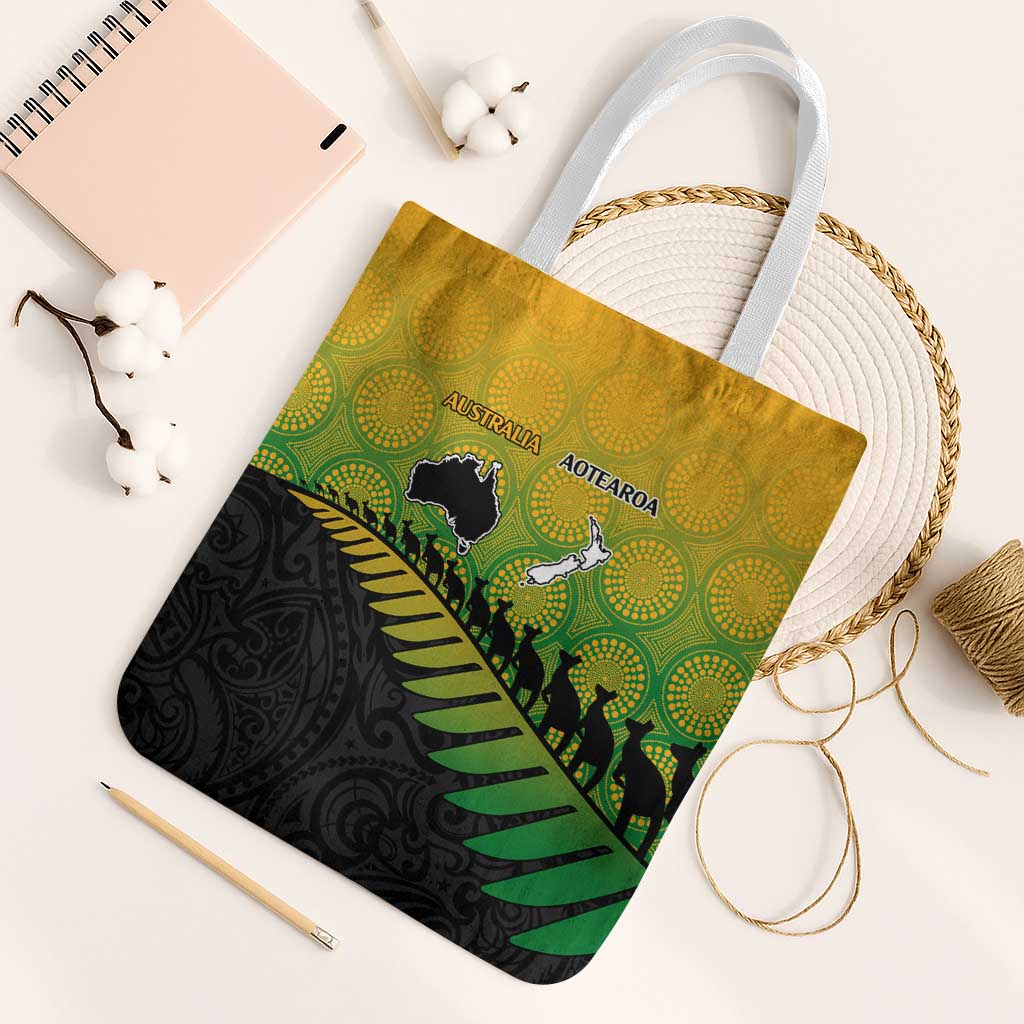 Australia New Zealand Rugby Tote Bag Gradient Aboriginal Wallabies and Maori Black Fern - Aussie Hoodie