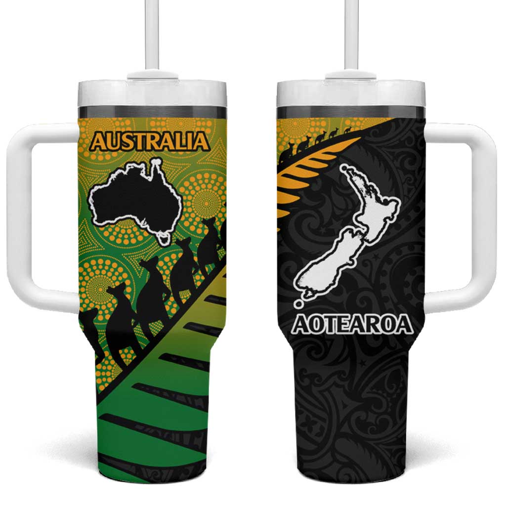 Australia New Zealand Rugby Tumbler With Handle Gradient Aboriginal Wallabies and Maori Black Fern - Aussie Hoodie