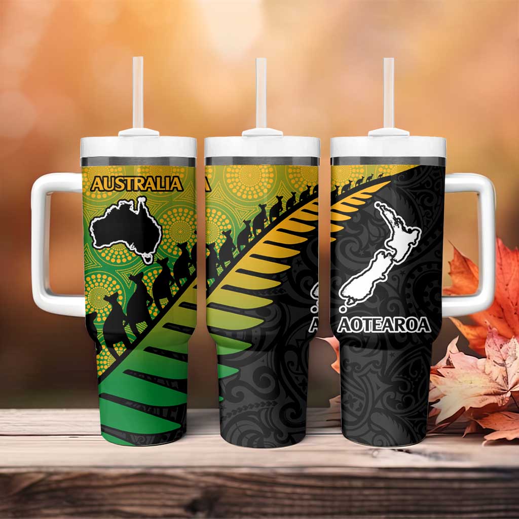 Australia New Zealand Rugby Tumbler With Handle Gradient Aboriginal Wallabies and Maori Black Fern - Aussie Hoodie