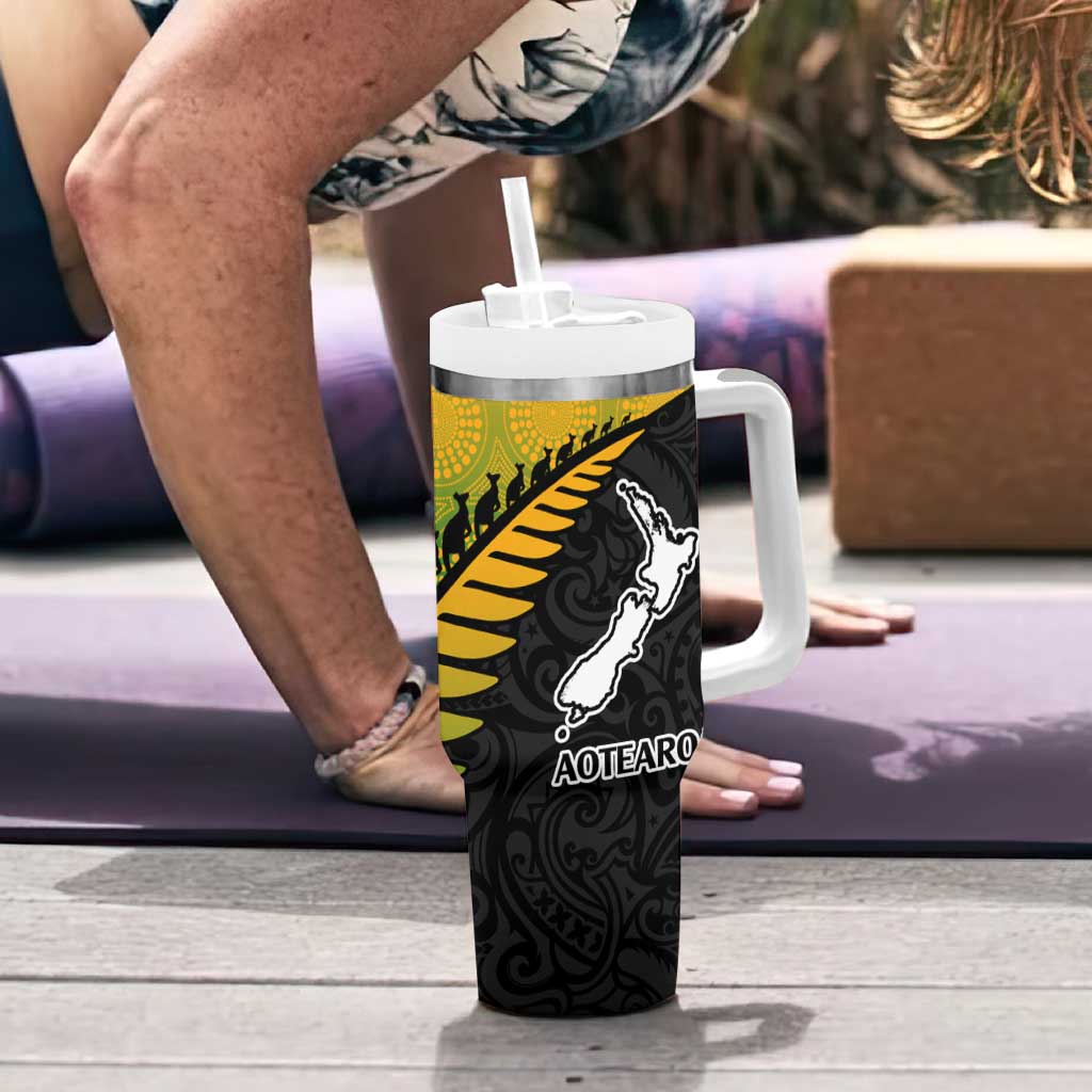 Australia New Zealand Rugby Tumbler With Handle Gradient Aboriginal Wallabies and Maori Black Fern - Aussie Hoodie
