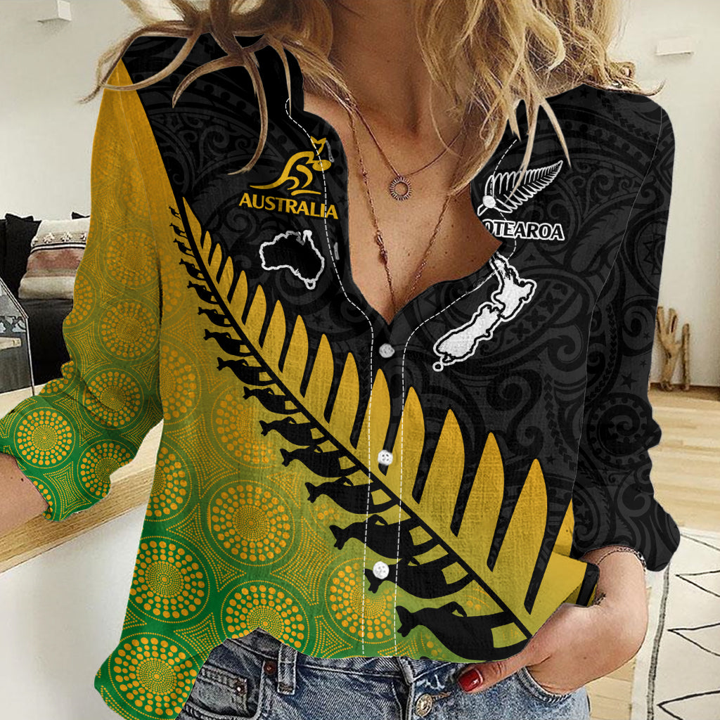 Custom Australia Wallabies and Aotearoa Rugby Women Casual Shirt Kangaroo Black Fern Maori Gradient Vibe LT9
