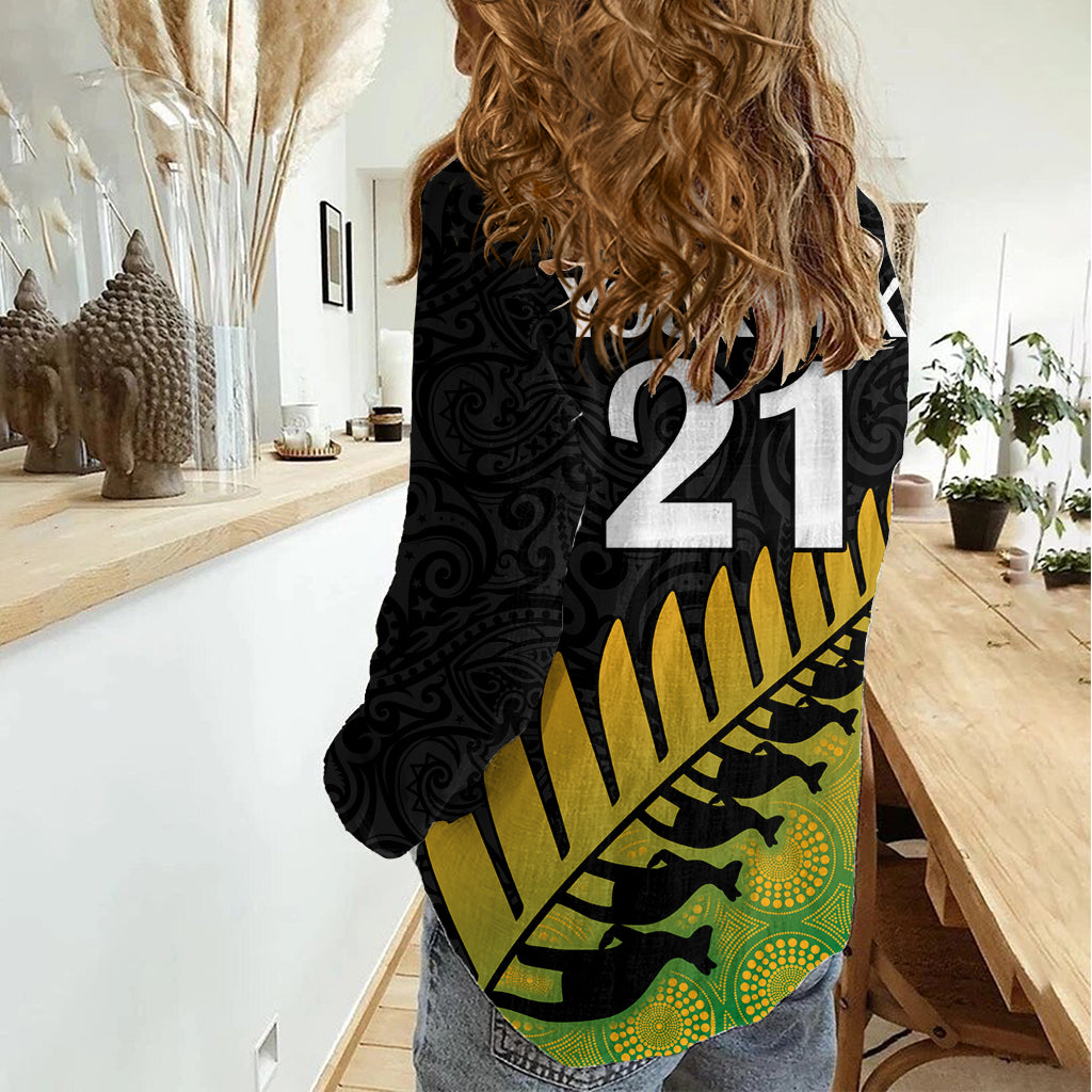 Custom Australia Wallabies and Aotearoa Rugby Women Casual Shirt Kangaroo Black Fern Maori Gradient Vibe LT9
