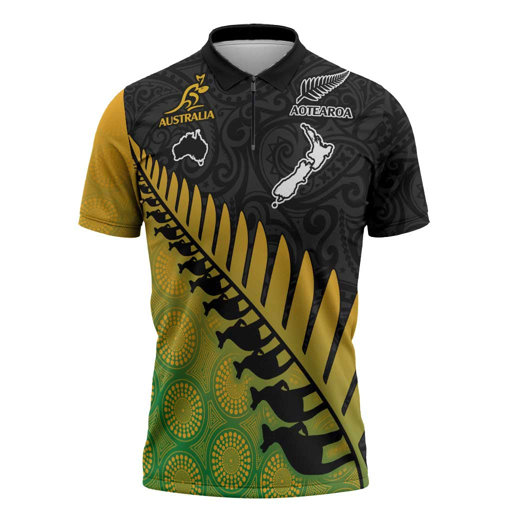 Australia New Zealand Rugby Zipper Polo Shirt Gradient Aboriginal Wallabies and Maori Black Fern - Aussie Hoodie