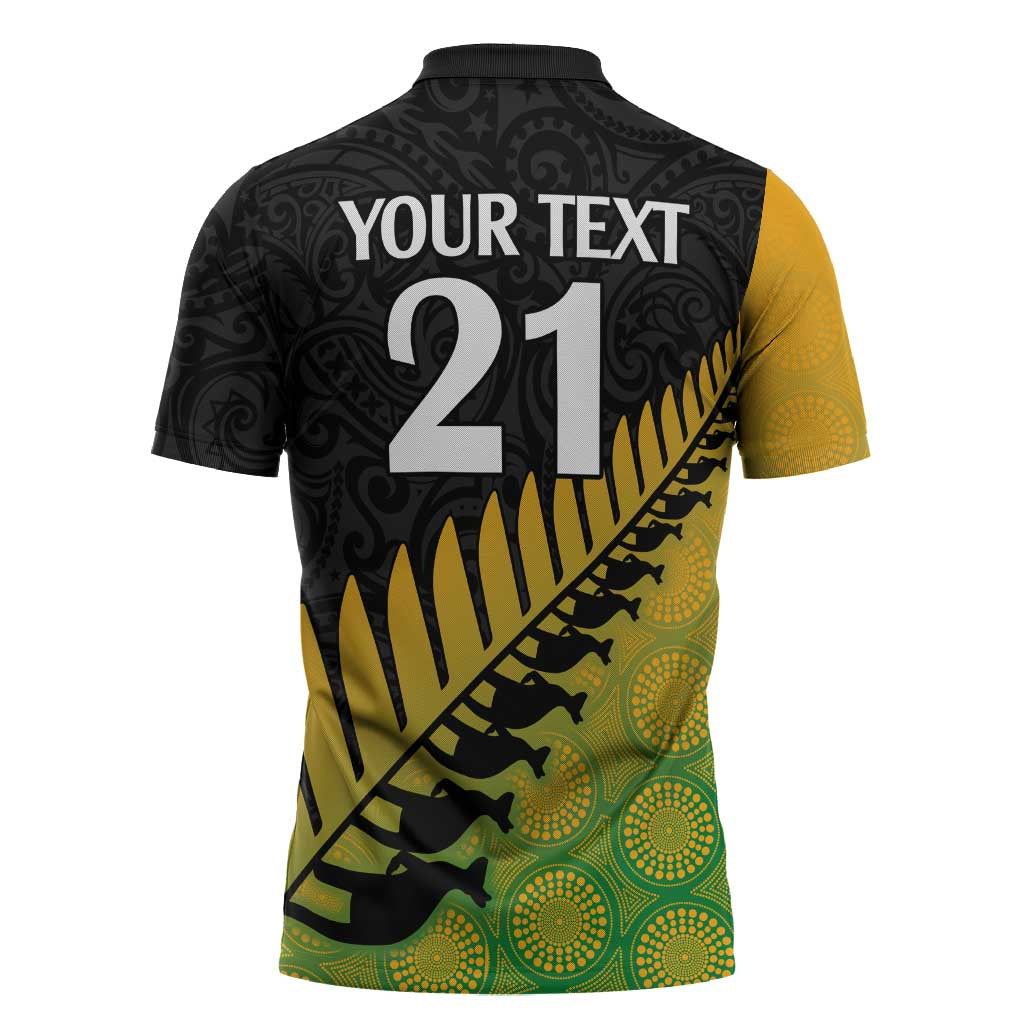 Australia New Zealand Rugby Zipper Polo Shirt Gradient Aboriginal Wallabies and Maori Black Fern - Aussie Hoodie