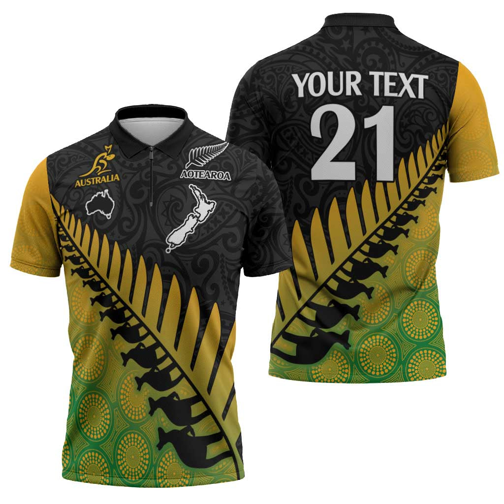 Australia New Zealand Rugby Zipper Polo Shirt Gradient Aboriginal Wallabies and Maori Black Fern - Aussie Hoodie