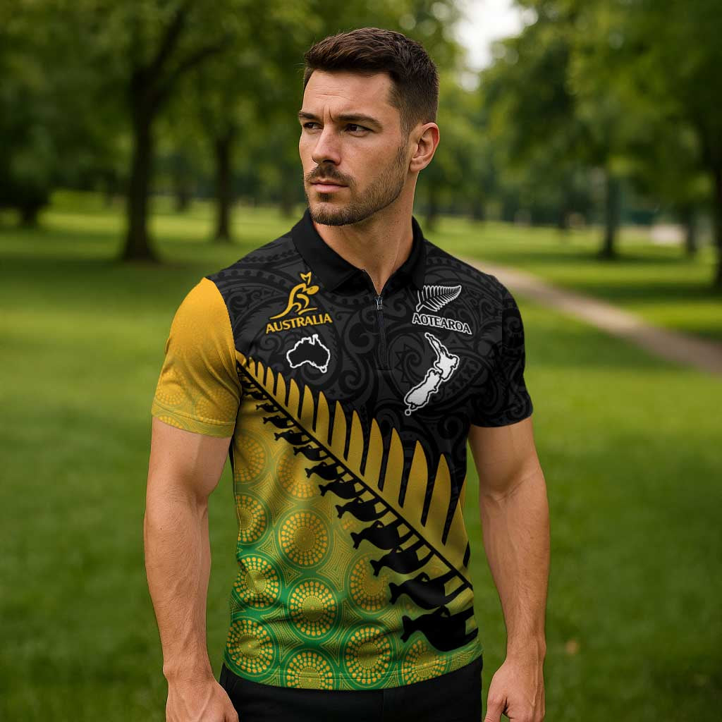 Australia New Zealand Rugby Zipper Polo Shirt Gradient Aboriginal Wallabies and Maori Black Fern - Aussie Hoodie
