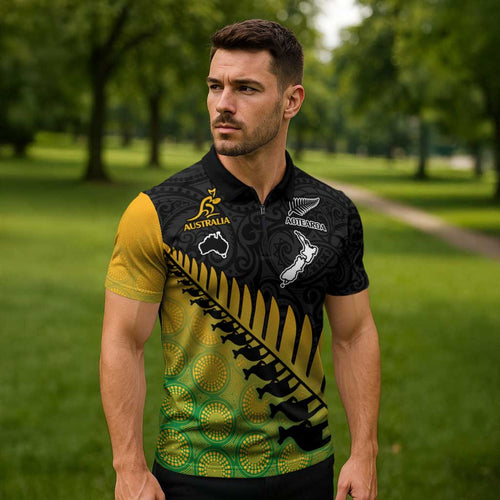 Australia New Zealand Rugby Zipper Polo Shirt Gradient Aboriginal Wallabies and Maori Black Fern - Aussie Hoodie