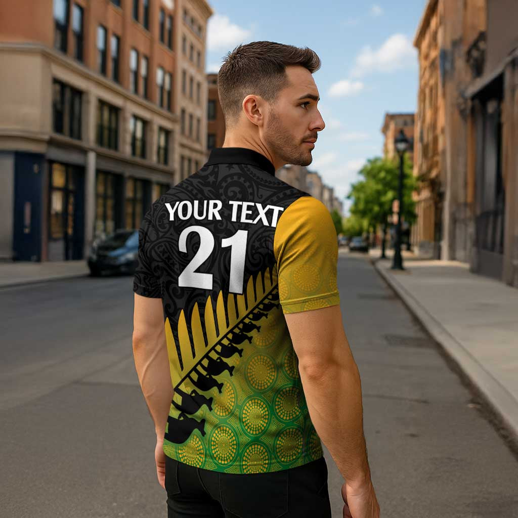 Australia New Zealand Rugby Zipper Polo Shirt Gradient Aboriginal Wallabies and Maori Black Fern - Aussie Hoodie