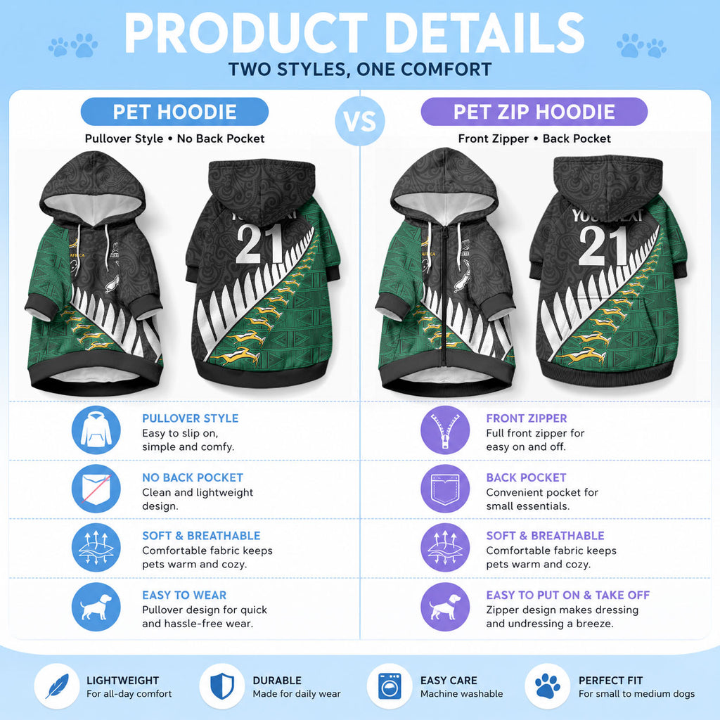 Custom South Africa and Aotearoa Rugby Pet Hoodie Springboks Black Fern Maori Vibe