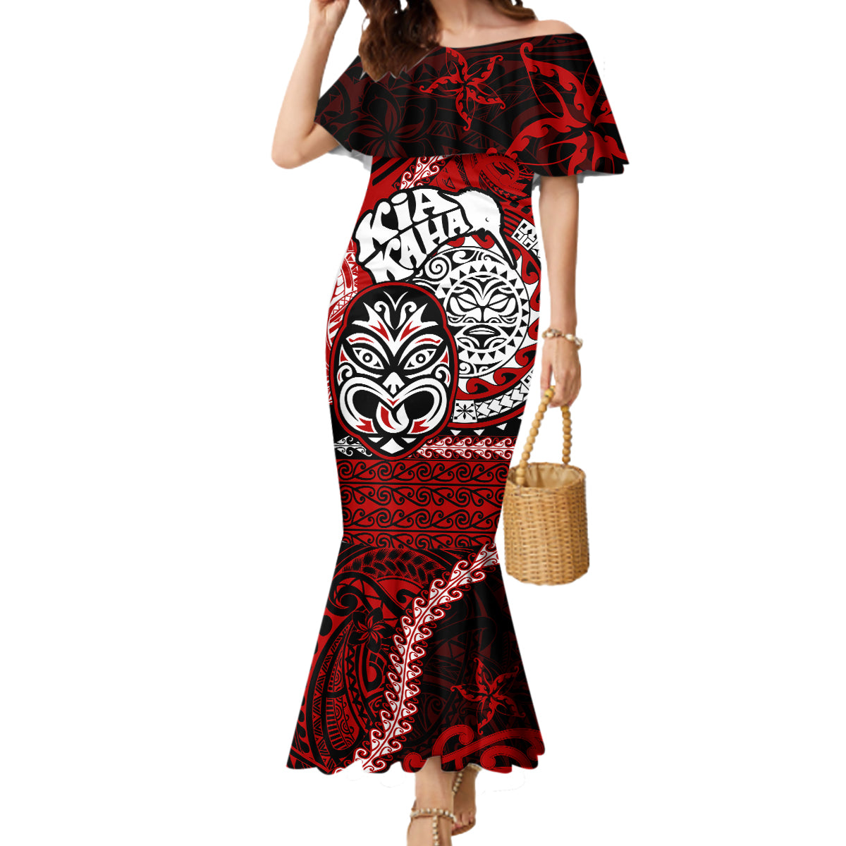 Te Reo Maori New Zealand Mermaid Dress Aotearoa Kia Haka Maori Tribal Tattoo Red Style LT9