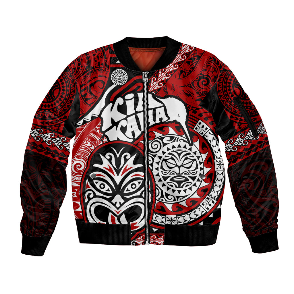 Te Reo Maori New Zealand Sleeve Zip Bomber Jacket Aotearoa Kia Haka Maori Tribal Tattoo Red Style LT9