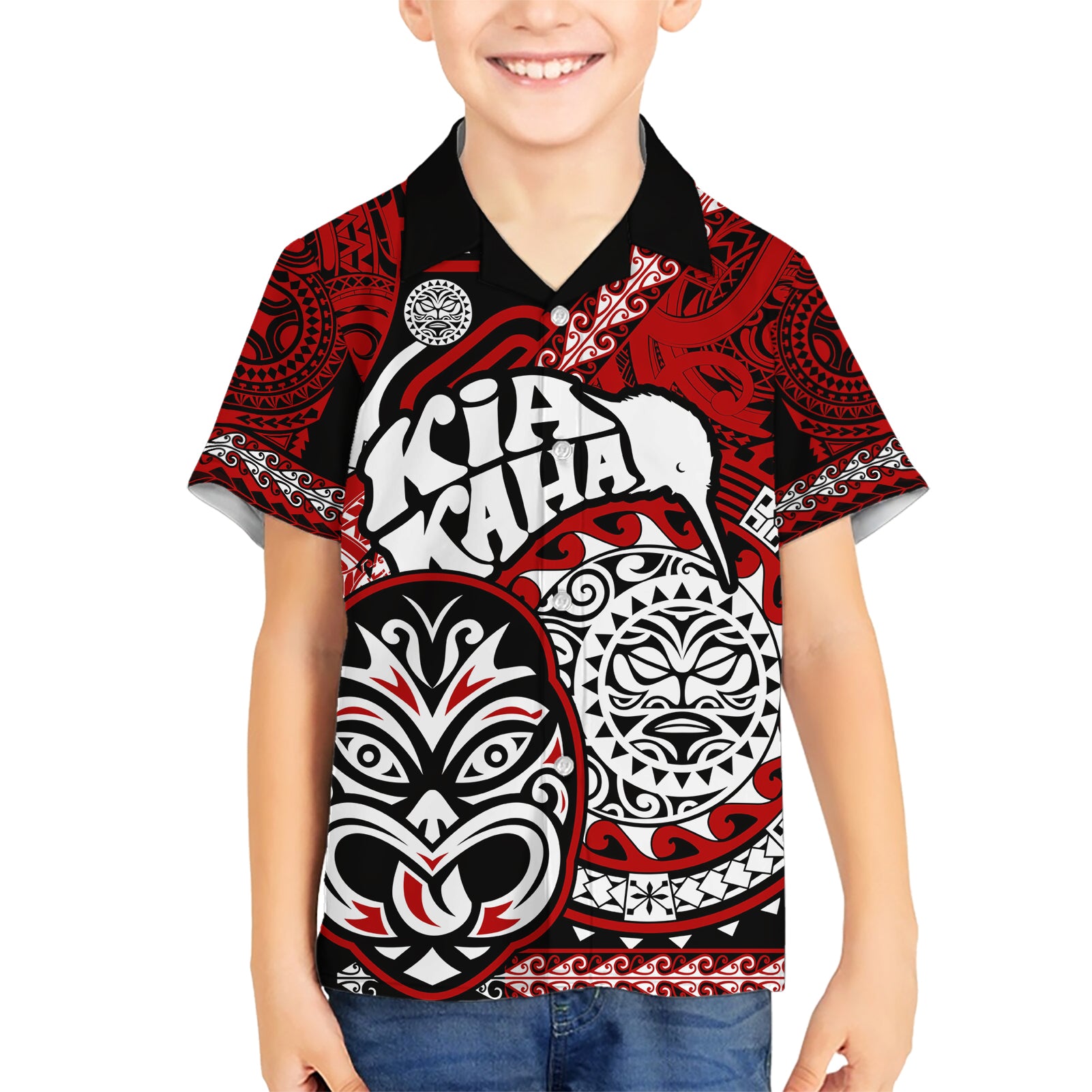 Personalised Te Reo Maori New Zealand Kid Hawaiian Shirt Aotearoa Kia Haka Maori Tribal Tattoo Red Style LT9