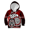 Personalised Te Reo Maori New Zealand Kid Hoodie Aotearoa Kia Haka Maori Tribal Tattoo Red Style LT9