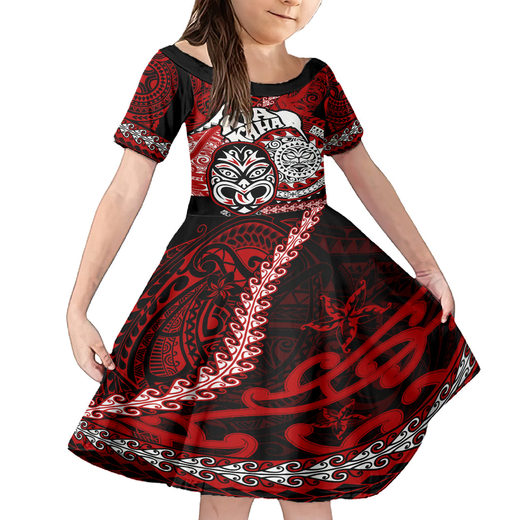 Personalised Te Reo Maori New Zealand Kid Short Sleeve Dress Aotearoa Kia Haka Maori Tribal Tattoo Red Style LT9