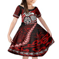 Personalised Te Reo Maori New Zealand Kid Short Sleeve Dress Aotearoa Kia Haka Maori Tribal Tattoo Red Style LT9