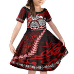 Personalised Te Reo Maori New Zealand Kid Short Sleeve Dress Aotearoa Kia Haka Maori Tribal Tattoo Red Style LT9