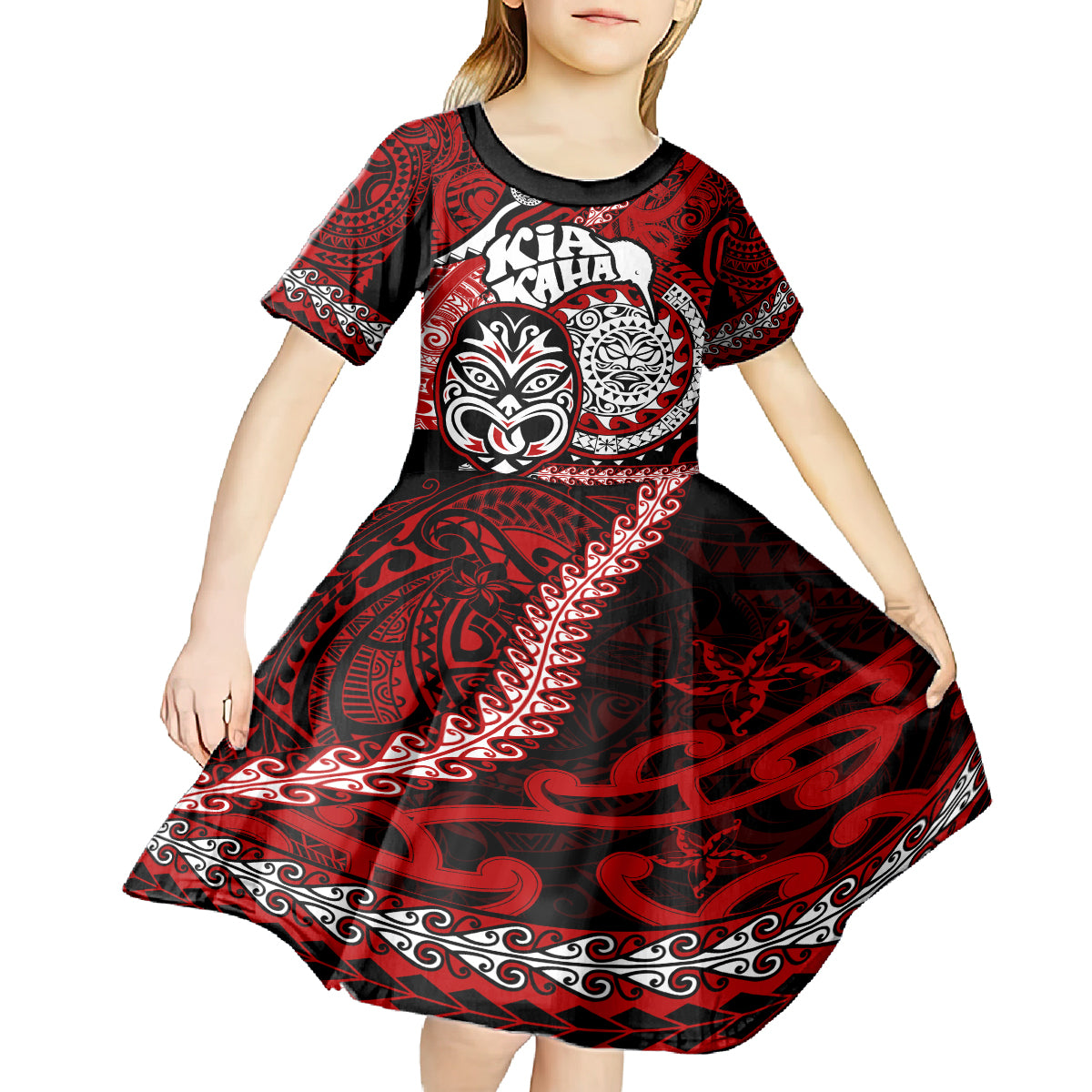 Personalised Te Reo Maori New Zealand Kid Short Sleeve Dress Aotearoa Kia Haka Maori Tribal Tattoo Red Style LT9