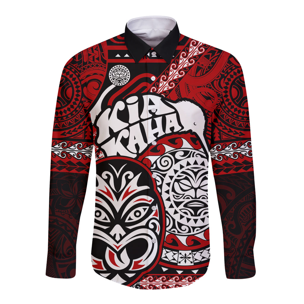 Personalised Te Reo Maori New Zealand Long Sleeve Button Shirt Aotearoa Kia Haka Maori Tribal Tattoo Red Style LT9