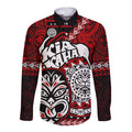 Personalised Te Reo Maori New Zealand Long Sleeve Button Shirt Aotearoa Kia Haka Maori Tribal Tattoo Red Style LT9
