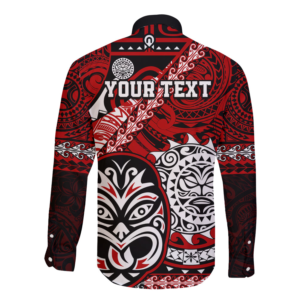 Personalised Te Reo Maori New Zealand Long Sleeve Button Shirt Aotearoa Kia Haka Maori Tribal Tattoo Red Style LT9