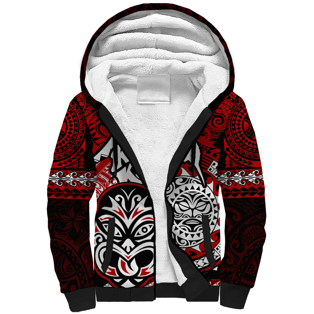 Personalised Te Reo Maori New Zealand Sherpa Hoodie Aotearoa Kia Haka Maori Tribal Tattoo Red Style LT9