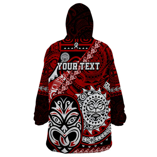 Personalised Te Reo Maori New Zealand Wearable Blanket Hoodie Aotearoa Kia Haka Maori Tribal Tattoo Red Style LT9