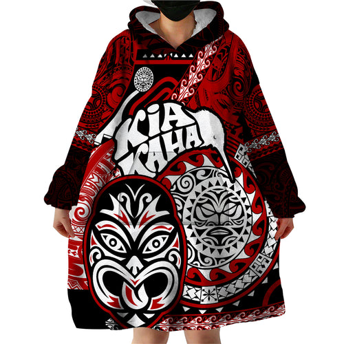 Personalised Te Reo Maori New Zealand Wearable Blanket Hoodie Aotearoa Kia Haka Maori Tribal Tattoo Red Style LT9