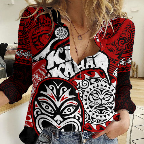Personalised Te Reo Maori New Zealand Women Casual Shirt Aotearoa Kia Haka Maori Tribal Tattoo Red Style LT9