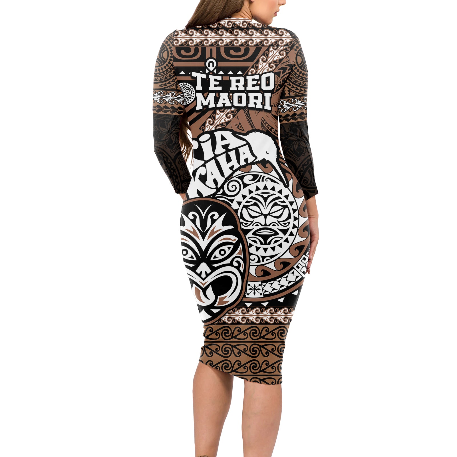 Te Reo Maori New Zealand Long Sleeve Bodycon Dress Aotearoa Kia Haka Maori Tribal Tattoo Gold Style LT9