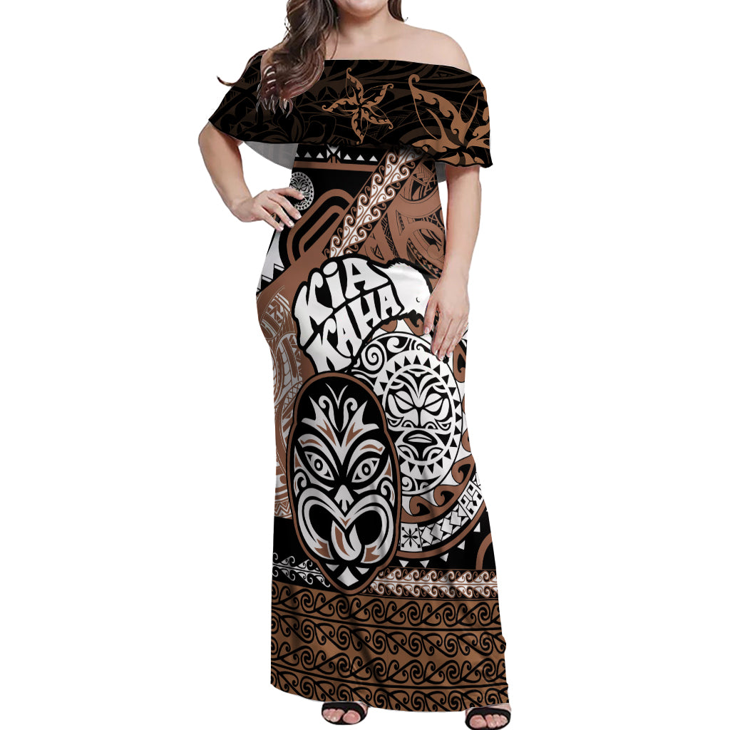Te Reo Maori New Zealand Off Shoulder Maxi Dress Aotearoa Kia Haka Maori Tribal Tattoo Gold Style LT9