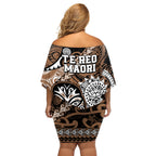 Te Reo Maori New Zealand Off Shoulder Short Dress Aotearoa Kia Haka Maori Tribal Tattoo Gold Style LT9