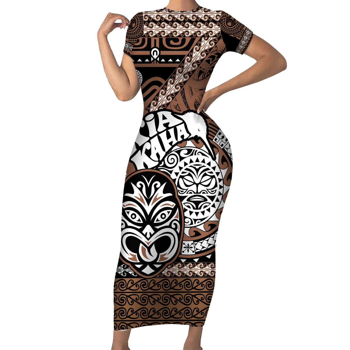Te Reo Maori New Zealand Short Sleeve Bodycon Dress Aotearoa Kia Haka Maori Tribal Tattoo Gold Style LT9