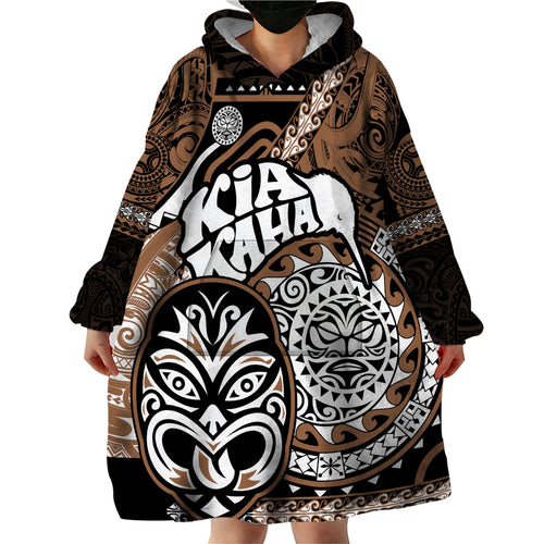 Te Reo Maori New Zealand Wearable Blanket Hoodie Aotearoa Kia Haka Maori Tribal Tattoo Gold Style LT9